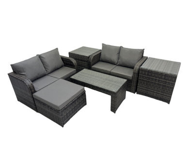 Fimous 3 Seater Sofa Reclining Chair Coffee Table Set Rattan Garden Furniture Set With 2 Side Tables Big Stool Dark Grey Mixed - image 1
