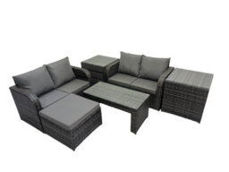 Fimous 3 Seater Sofa Reclining Chair Coffee Table Set Rattan Garden Furniture Set With 2 Side Tables Big Stool Dark Grey Mixed - thumbnail 1