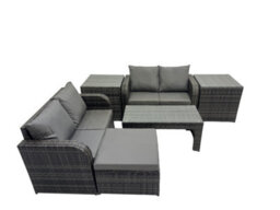 Fimous 3 Seater Sofa Reclining Chair Coffee Table Set Rattan Garden Furniture Set With 2 Side Tables Big Stool Dark Grey Mixed - thumbnail 2
