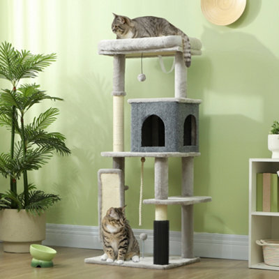 Pawhut Cat Tree Tower Scratching Post Bed House, 132Cm, Light Grey - image 1