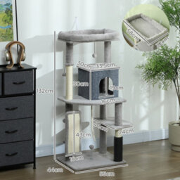 Pawhut Cat Tree Tower Scratching Post Bed House, 132Cm, Light Grey - thumbnail 3