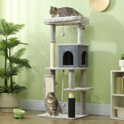 Pawhut Cat Tree Tower Scratching Post Bed House, 132Cm, Light Grey - thumbnail 1