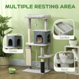 Pawhut Cat Tree Tower Scratching Post Bed House, 132Cm, Light Grey - thumbnail 4