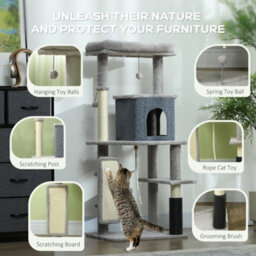 Pawhut Cat Tree Tower Scratching Post Bed House, 132Cm, Light Grey - thumbnail 5