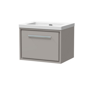 Balterley Longnor Modern Bathroom 1 Soft-Close Drawer Wall Hung Vanity Unit Fireclay Basin, Pebble Grey, 600mm - image 1