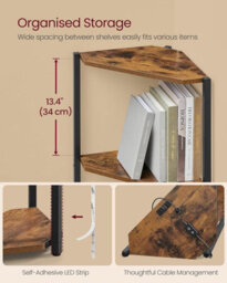 LEDREM 5-Tier Corner Shelf, Bookcase With Adjustable Led Lights, Storage Shelf With Steel Frame, 24.8 X 48 X 146.6 Cm, Rustic Brown - thumbnail 7