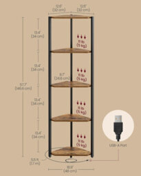 LEDREM 5-Tier Corner Shelf, Bookcase With Adjustable Led Lights, Storage Shelf With Steel Frame, 24.8 X 48 X 146.6 Cm, Rustic Brown - thumbnail 3