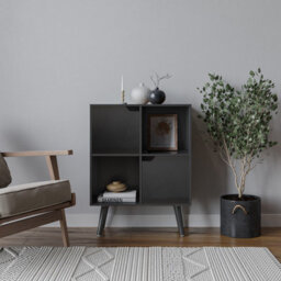 Urbn-Living Urbnliving 80Cm Height Black 4 Cube With Black 2 Wooden Door Bookcase With Black Legs Shelves - thumbnail 1