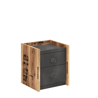 Arte Fargo Contemporary Bedside Table 2 Drawers Raw Steel & Canyon Alpine Spruce Effect (H)500mm (W)450mm (D)420mm - image 1