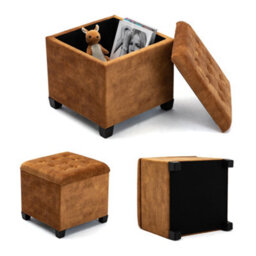 Hnnhome 45Cm Cube Mustard Cloud Velvet Padded Seat Ottoman Storage Stool Box, Footstool Pouffes Chair With Lids - thumbnail 4