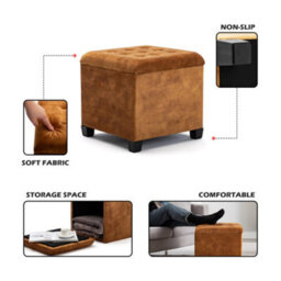 Hnnhome 45Cm Cube Mustard Cloud Velvet Padded Seat Ottoman Storage Stool Box, Footstool Pouffes Chair With Lids - thumbnail 2