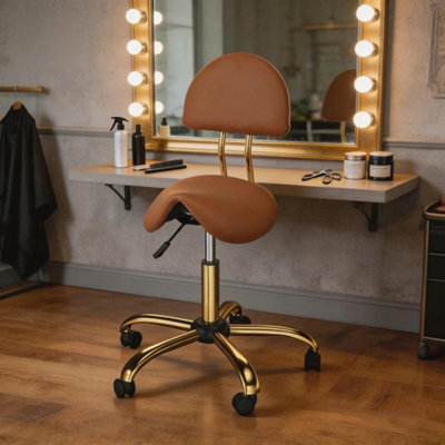 Adjustable Saddle Swivel Salon Stool With Backrest Pvc Leather Brown & Gold - image 1
