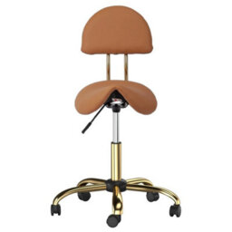 Adjustable Saddle Swivel Salon Stool With Backrest Pvc Leather Brown & Gold - thumbnail 3