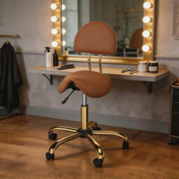 Adjustable Saddle Swivel Salon Stool With Backrest Pvc Leather Brown & Gold - thumbnail 1