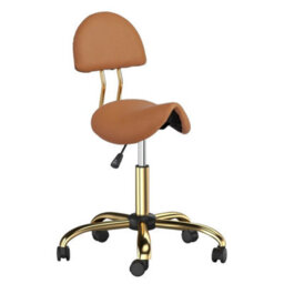Adjustable Saddle Swivel Salon Stool With Backrest Pvc Leather Brown & Gold - thumbnail 4