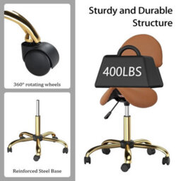 Adjustable Saddle Swivel Salon Stool With Backrest Pvc Leather Brown & Gold - thumbnail 6