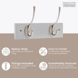 Keypak Victorian 2 Hook Wall-Mount Wooden Coat Rack, 22.5Cm - Dove Bloc With Satin Nickel Hooks - Fixings Included - thumbnail 2