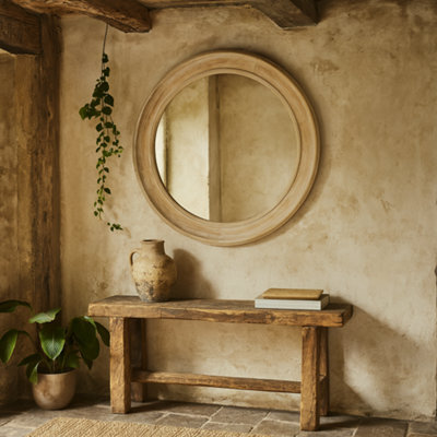 Wyld Haus 90Cm Round Natural Washed Wood Wall Mirror With 40mm Frame
