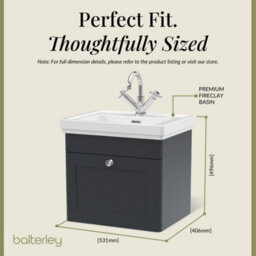Balterley Swynnerton Traditional Bathroom Wall Hung 1-Drawer Vanity Unit & Fireclay Basin, Dark Grey, 500mm - thumbnail 5