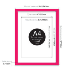 A4 Bright Pink Picture Frame With Mount For A5 (14.8 X 21Cm - 5.8 X 8.3In) Poster, Photo, Artwork, Or Print. - thumbnail 2