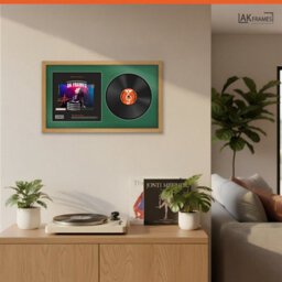 "30X17"" Oak Sleek Vinyl Record Frame With Emerald Mount For 12 Inch Lp Album Cover & Disc - Ak Frames" - thumbnail 5