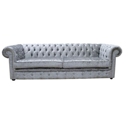 Chesterfield 4 Seater Sofa Shimmer Silver Velvet Fabric In Classic Style - image 1