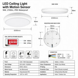 Led Ceiling Light With Motion Sensor - 18W, 2700Lm, Ip65 Waterproof - thumbnail 5