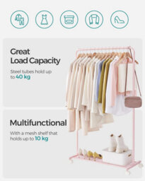 Songmics Clothes Rack, Metal Clothing Rail With Storage Shelf, Laundry Hanging Rail, Lockable Wheels, High Capacity, Jelly Pink - thumbnail 3