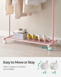 Songmics Clothes Rack, Metal Clothing Rail With Storage Shelf, Laundry Hanging Rail, Lockable Wheels, High Capacity, Jelly Pink - thumbnail 6