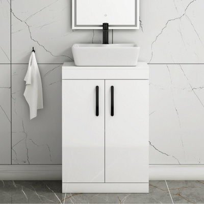 Royal Bathrooms 600mm Floor Standing Vanity Unit 2 Door Gloss White & Countertop Basin - Cube With Matt Black Handle - image 1