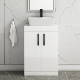 Royal Bathrooms 600mm Floor Standing Vanity Unit 2 Door Gloss White & Countertop Basin - Cube With Matt Black Handle - thumbnail 1