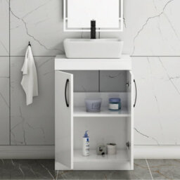 Royal Bathrooms 600mm Floor Standing Vanity Unit 2 Door Gloss White & Countertop Basin - Cube With Matt Black Handle - thumbnail 3