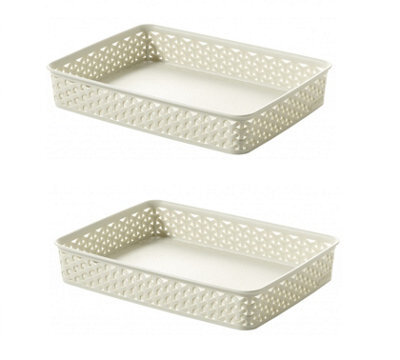 2X Cream A4 Paper Tray Curver Basket Plastic Rattan Office Desk Organise - image 1