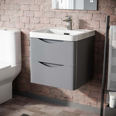 Nes Home Matte Grey 500mm Wall Hung Vanity Unit 2 Drawer & White Resin Basin - image 1