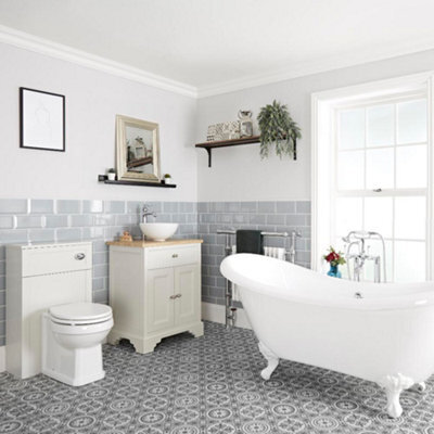 Homestylestore Antique White Bathroom Suite Double Ended Slipper Bath, 645mm Vanity Unit And Back To Wall Toilet - image 1