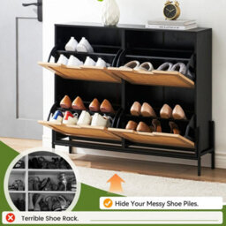 4 Drawer Shoe Rack Shoes Storage Cabinet Wooden Rattan Cupboard Organiser Holder - thumbnail 4