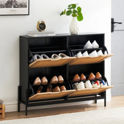 4 Drawer Shoe Rack Shoes Storage Cabinet Wooden Rattan Cupboard Organiser Holder - thumbnail 1