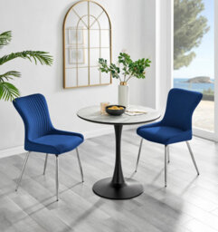 Furniturebox Uk Elina White Marble Effect Round Dining Table & 2 Blue Nora Silver Leg Chairs