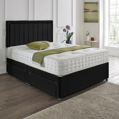 Dining Tables Cairo Matching Headboard Divan Set, 2 Drawer On Same Side With Sprung 1500 Comfort Mattress - Damask Fabric Black - Double - image 1