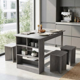 Grey Dining Table With Storage Shelves & 4 Stools Space Saving Kitchen Table Set - thumbnail 6