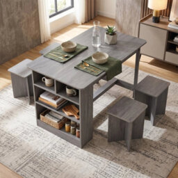 Grey Dining Table With Storage Shelves & 4 Stools Space Saving Kitchen Table Set - thumbnail 5