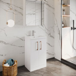 Balterley Bramshall Compact Bathroom Cloakroom Vanity Basin Unit With Polymarble Basin, Copper Handles, 500mm, Gloss White - thumbnail 3