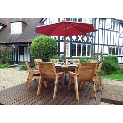 Marlborough Traditional Eight Seater Circular Table Set With 8 X Burgundy Chair Cushion, 1X Burgundy Parasol & Base & 1 X Cushion Storage Bag - image 1