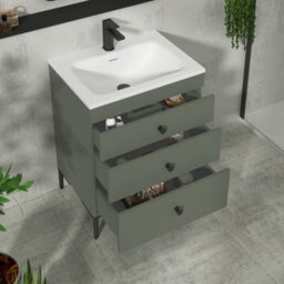 Royal Bathrooms Royal Bathroom Verona 600mm Matt Green 3-Drawer Floor Standing Bathroom Vanity Unit With Stone Basin & Matt Black Knob - thumbnail 5
