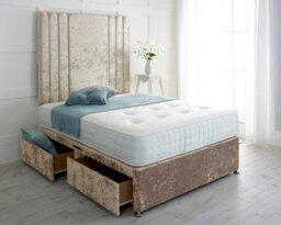 "Slumbre Rio Crushed Velvet Divan Bed, With Pocket Mattress & 36"" Headboard - 4Ft6 Double - Gold - 2 Drawers Same Side"