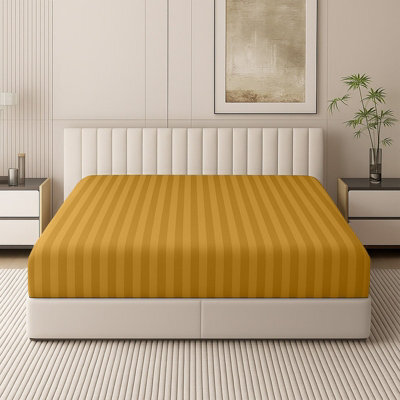 Oxford Homeware Ochre Satin Stripe Fitted Sheet 40Cm Extra Deep Pocket Soft Easy Care Bedding Sheet (W)180Cmx(L)200Cm (Super King) - image 1