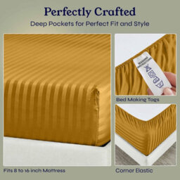 Oxford Homeware Ochre Satin Stripe Fitted Sheet 40Cm Extra Deep Pocket Soft Easy Care Bedding Sheet (W)180Cmx(L)200Cm (Super King) - thumbnail 4
