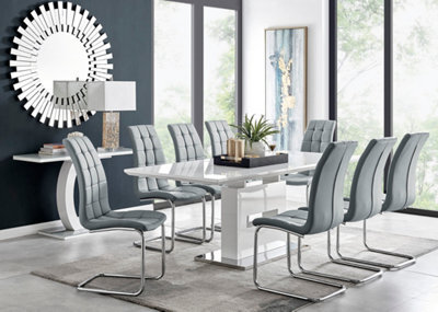 Furniturebox Arezzo White High Gloss Extending Dining Table & 8 Elephant Grey Murano Faux Leather Dining Chairs - image 1