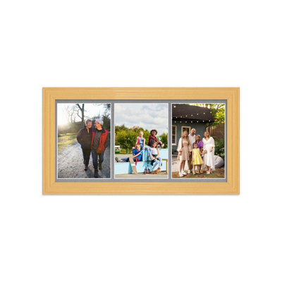 AK Frames 16X8 Country Pine Classic Multi Photo Frame With Mid Grey Mount - Holds 3 Apertures (3X) 7X5 Photos - image 1