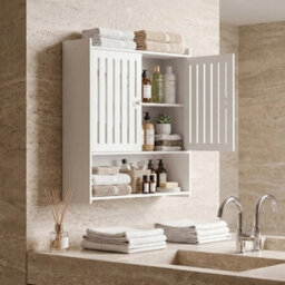 White Bathroom Wall Cabinet Storage Wall Shelves 2 Doors Cupboard - thumbnail 4